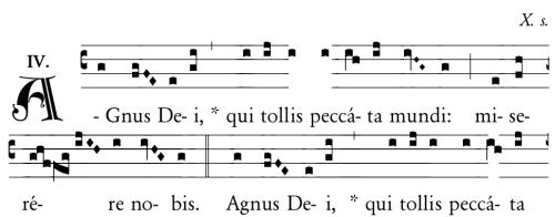 Medieval musical notation on a four-line staff, showing an Agnus Dei from a Catholic Mass