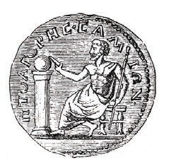 Pythagoras is shown seated, with his right hand touching a small globe on top of a pedestal