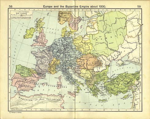A color map shows the political boundaries of Europe and the Byzantine Empire around the year 1000